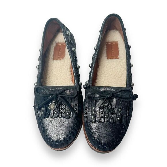 COACH Roccasin Black Metallic Leather Slip On Moccasins Sherpa Flat Loafers Sz 6 - Picture 2 of 10